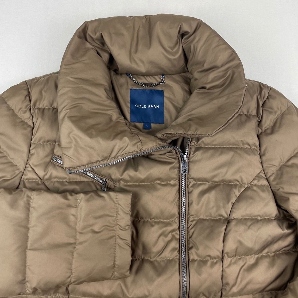 Cole Haan Womens Asymmetrical Zip Down Puffer Jacket Tan Brown Size L RN54163